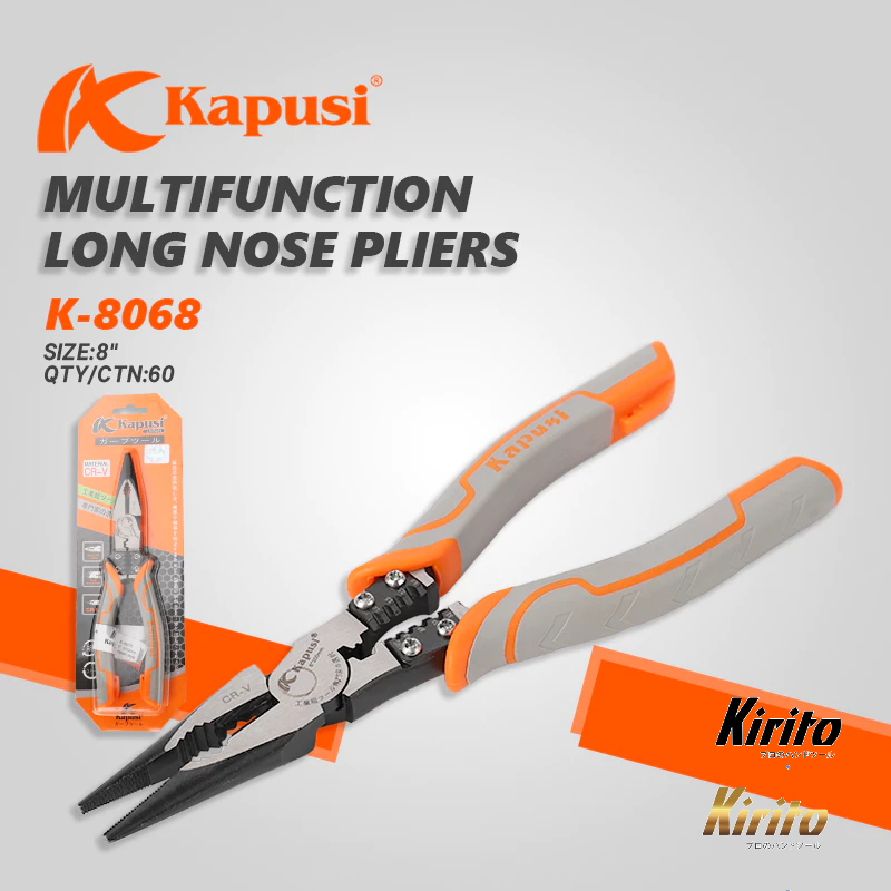 Kìm nhọn đa năng 9inch 225mm KAPUSI Japan K-8068, thép CRV độ cứng cao lưỡi kìm sắc