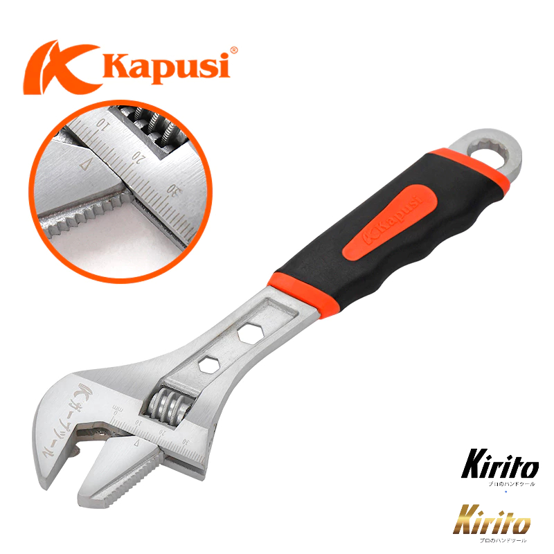 Mỏ lết cán bọc cao su có tích hợp cờ lê Kapusi đa năng văn đai ốc, mở ống nước 8,10,12,15inch
