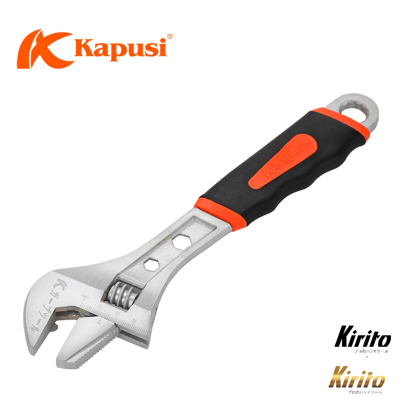 Mỏ lết cán bọc cao su có tích hợp cờ lê Kapusi đa năng văn đai ốc, mở ống nước 8,10,12,15inch