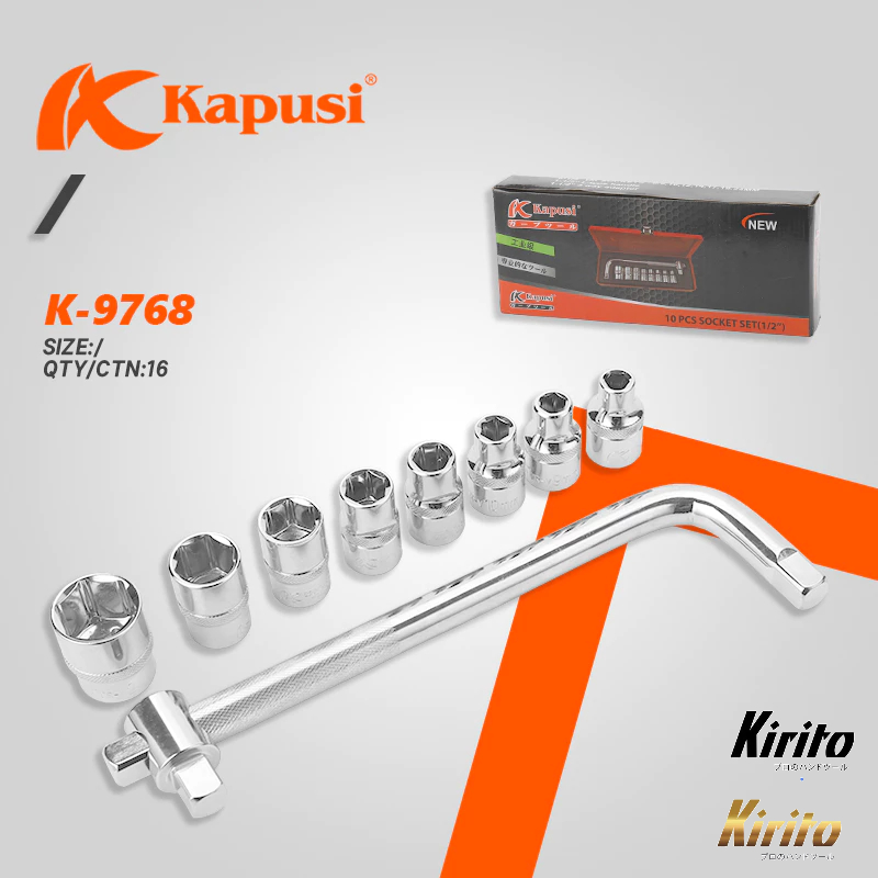 Bộ cần siết chữ L hệ 12 inch kèm 8 đầu tuýp từ 8-24mm hãng Kapusi Nhật bản k9768