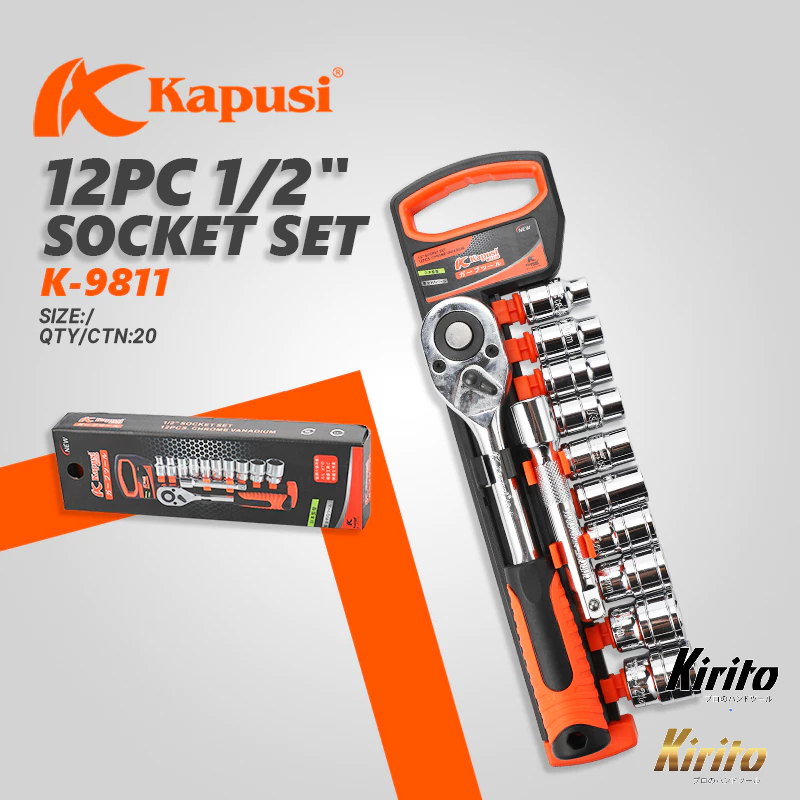 Bộ tuýp, bộ khẩu sửa chữa Kapusi Japan 12 chi tiết, thép cứng CR-V, cần tự động có nút nhấn