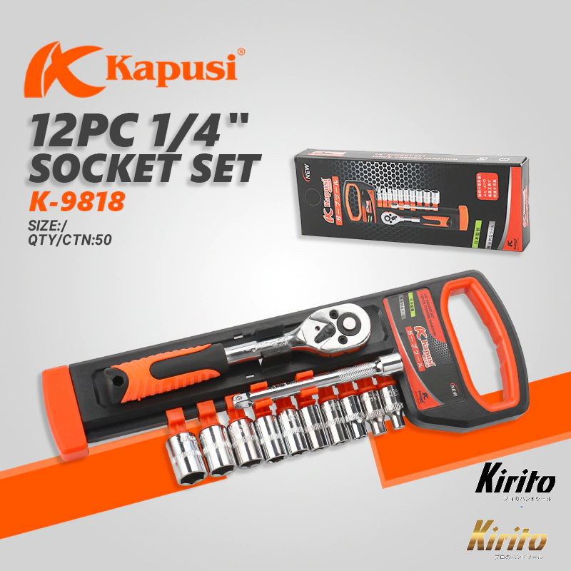 Bộ tuýp, bộ khẩu sửa chữa Kapusi Japan 12 chi tiết, thép cứng CR-V, cần tự động có nút nhấn