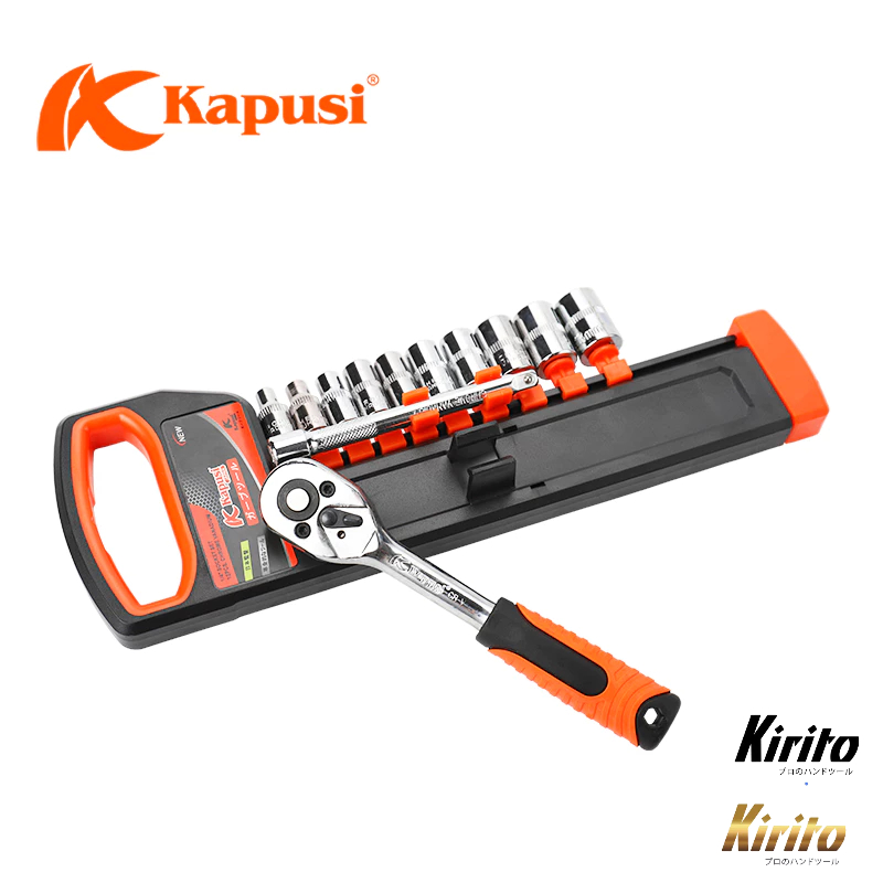 Bộ tuýp, bộ khẩu sửa chữa Kapusi Japan 12 chi tiết, thép cứng CR-V, cần tự động có nút nhấn