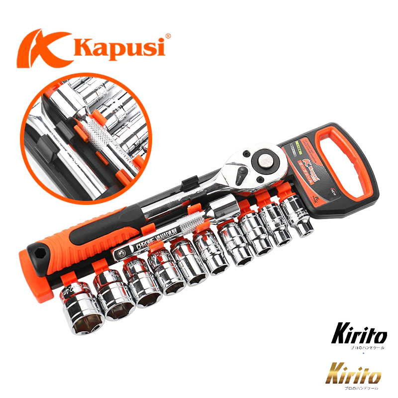 Bộ tuýp, bộ khẩu sửa chữa Kapusi Japan 12 chi tiết, thép cứng CR-V, cần tự động có nút nhấn