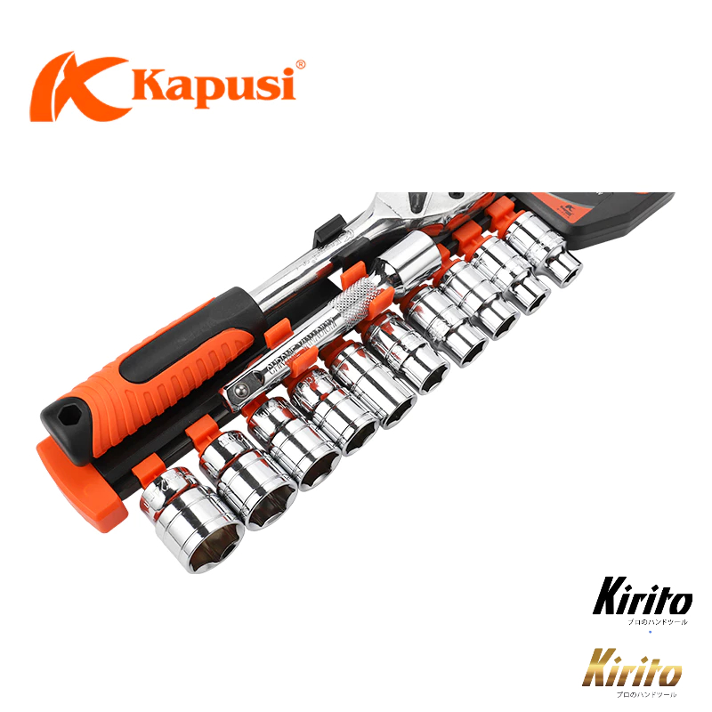 Bộ tuýp, bộ khẩu sửa chữa Kapusi Japan 12 chi tiết, thép cứng CR-V, cần tự động có nút nhấn
