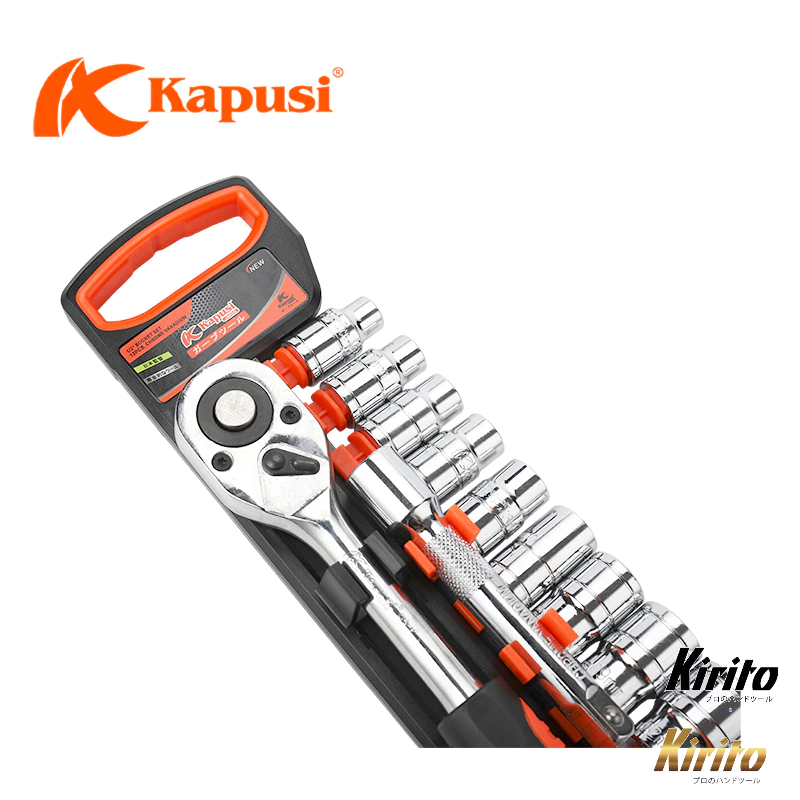 Bộ tuýp, bộ khẩu sửa chữa Kapusi Japan 12 chi tiết, thép cứng CR-V, cần tự động có nút nhấn