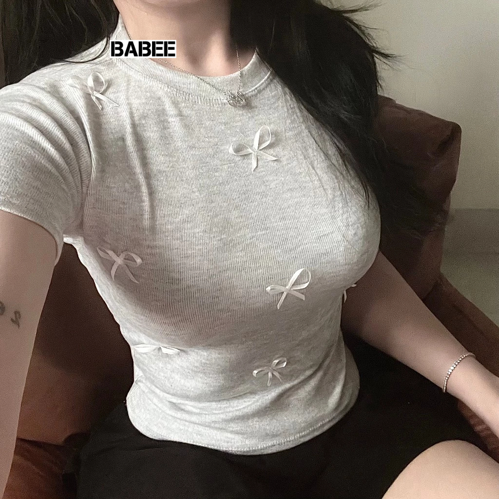 Áo Thun Nữ BABEE Tay Ngắn Cổ Tròn ( Size S) Ôm Body Phối Nhiều Nơ Nhỏ Xinh Xắn Chất Thun Mềm Co Dãn