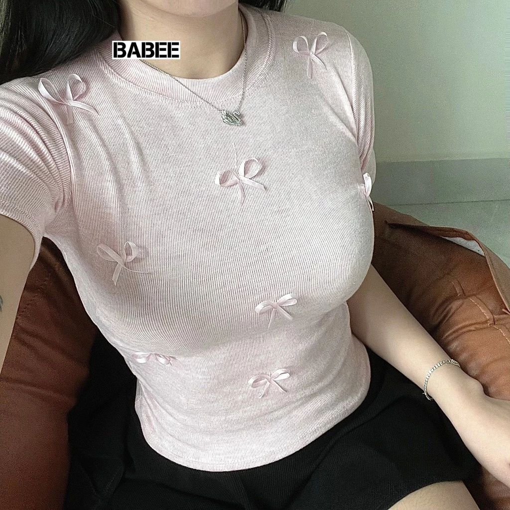 Áo Thun Nữ BABEE Tay Ngắn Cổ Tròn ( Size S) Ôm Body Phối Nhiều Nơ Nhỏ Xinh Xắn Chất Thun Mềm Co Dãn