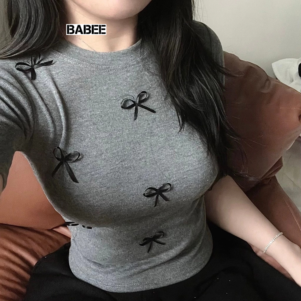 Áo Thun Nữ BABEE Tay Ngắn Cổ Tròn ( Size S) Ôm Body Phối Nhiều Nơ Nhỏ Xinh Xắn Chất Thun Mềm Co Dãn