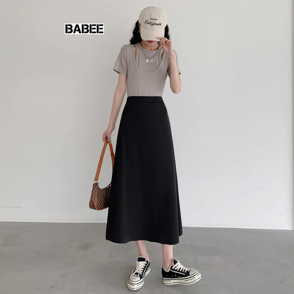 Chân Váy Nữ BABEE Dáng Dài Lưng Chun Chất Lụa Mềm Mại Phong Cách Hàn Quốc Phù Hợp Đi Làm Đi Chơi