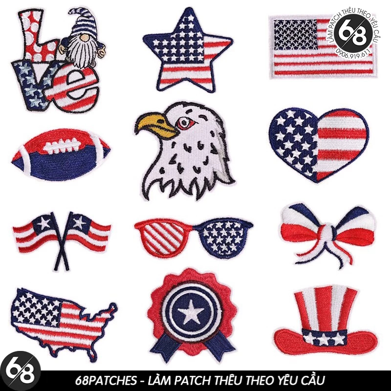 Sticker ủi nhiệt thêu logo hình cờ Mỹ-Hoa Kỳ-American cách điệu độc đáo ...