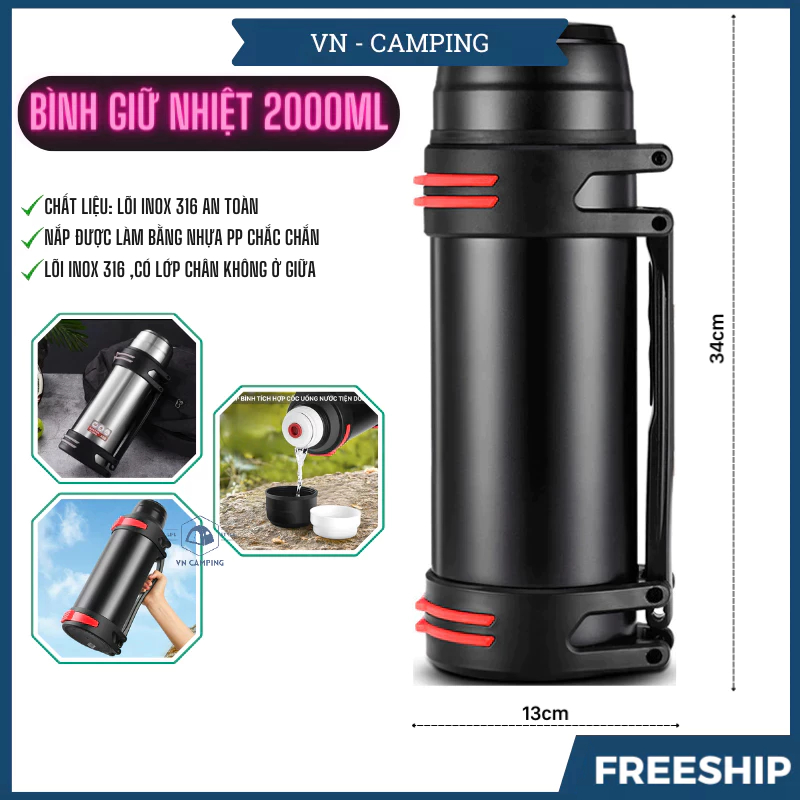 Bình Giữ Nhiệt 2000ml, Cốc giữ nhiệt 1200ml Cao Cấp, Phong Cách Hiện Đại, Giữ Nhiệt Lâu Nhỏ Gọn