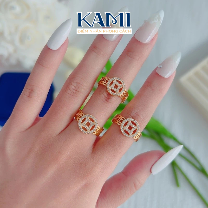Nhẫn xu họa tiết kim tiền đồng tiền đính đá cz nhân tạo mạ vàng Kami NT131