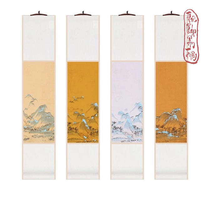 BIÊU BO LỤA THIÊN LÝ GIANG SƠN ĐỒ SIZE MINI 14X68CM IN THỦY MẶC THƯ PHÁP