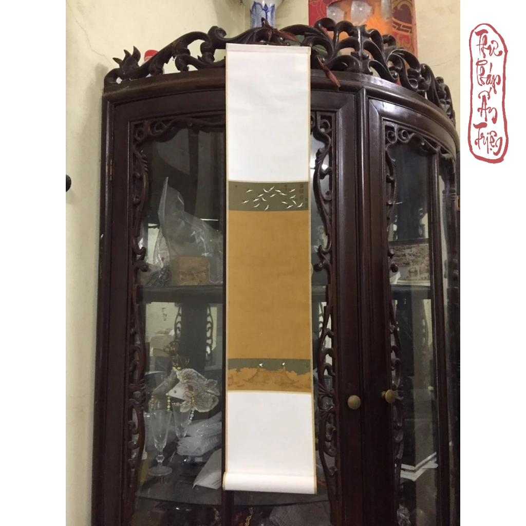Biểu bo lụa nền tranh bạch hạc giả cổ viết thư pháp