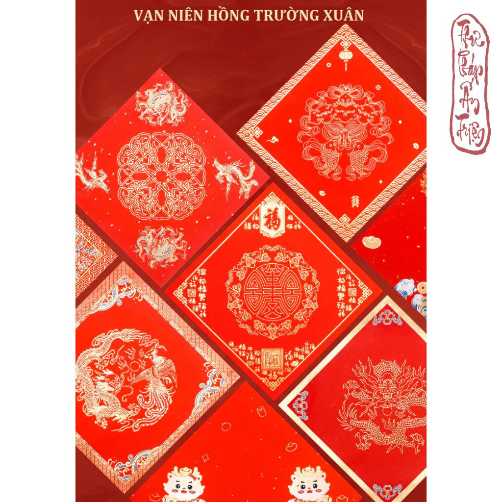 [PHỦ SÁP-35 MẪU] 20 tờ Giấy Xuyến Chỉ Vuông Đỏ Viết Chữ Hoa Văn Loại Đẹp