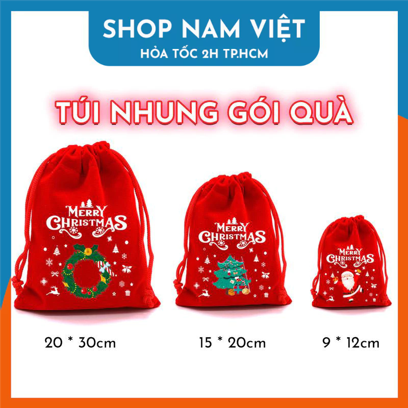 10 cái Túi Nhung Dây Rút Gói Quà Họa Tiết Giáng Sinh (Nhiều Kích Cỡ ...
