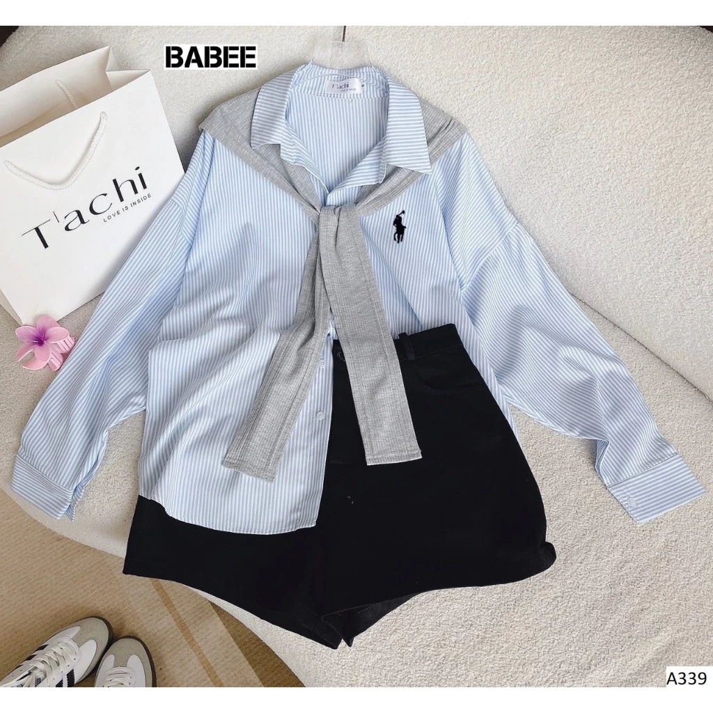 Sơ Mi Nữ BABEE Form Rộng Tay Dài Kẻ Sọc Thêu Ngựa Xinh Xắn Phong Cách Trẻ Trung Năng Động Cá Tính