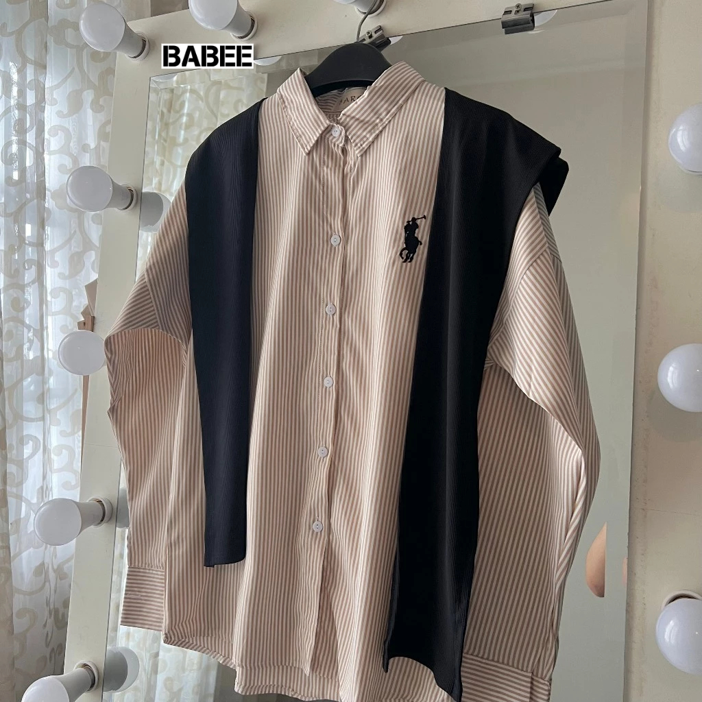 Sơ Mi Nữ BABEE Form Rộng Tay Dài Kẻ Sọc Thêu Ngựa Xinh Xắn Phong Cách Trẻ Trung Năng Động Cá Tính