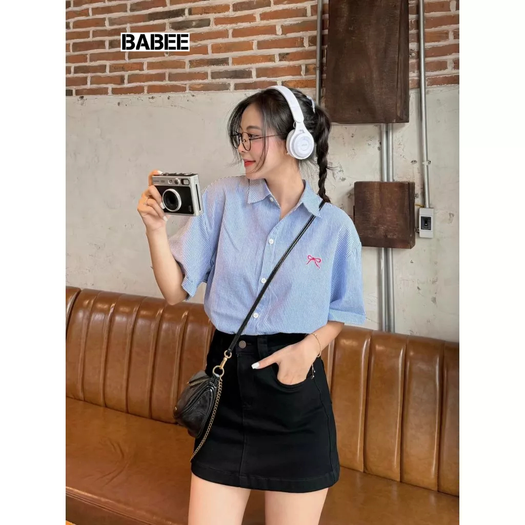 Áo Sơ Mi Nữ BABEE Form Rộng Tay Ngắn Chất Kate Hàn Kẻ Sọc Basic Thêu Nơ, Ngựa Trẻ Trung Xinh Xắn