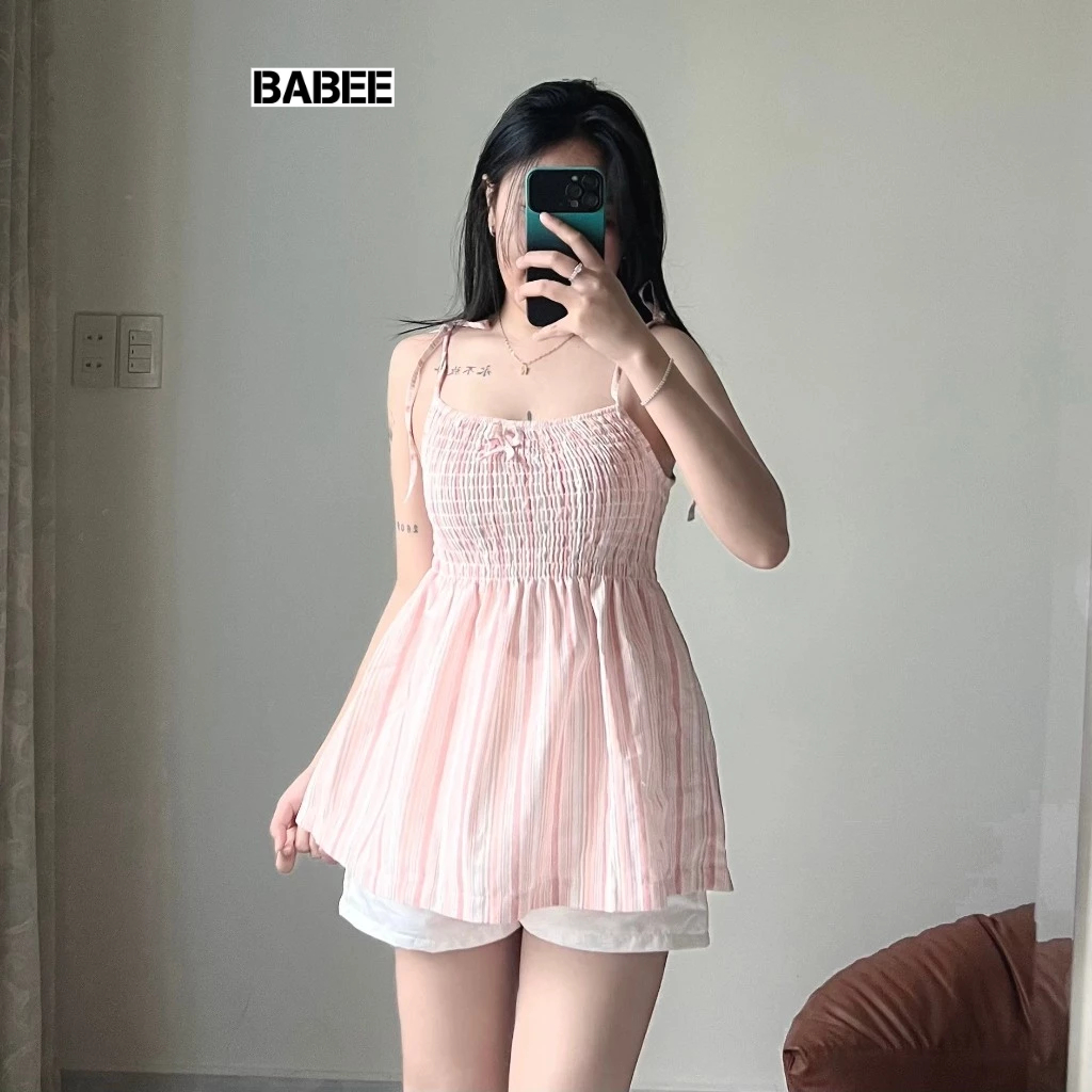 Áo Hai Dây Nữ BABEE Dáng Dài Nhún Ngực Tà Bèo Họa Tiết Sọc Thổ Cẩm Phối Nơ Điệu Đà Dễ Thương