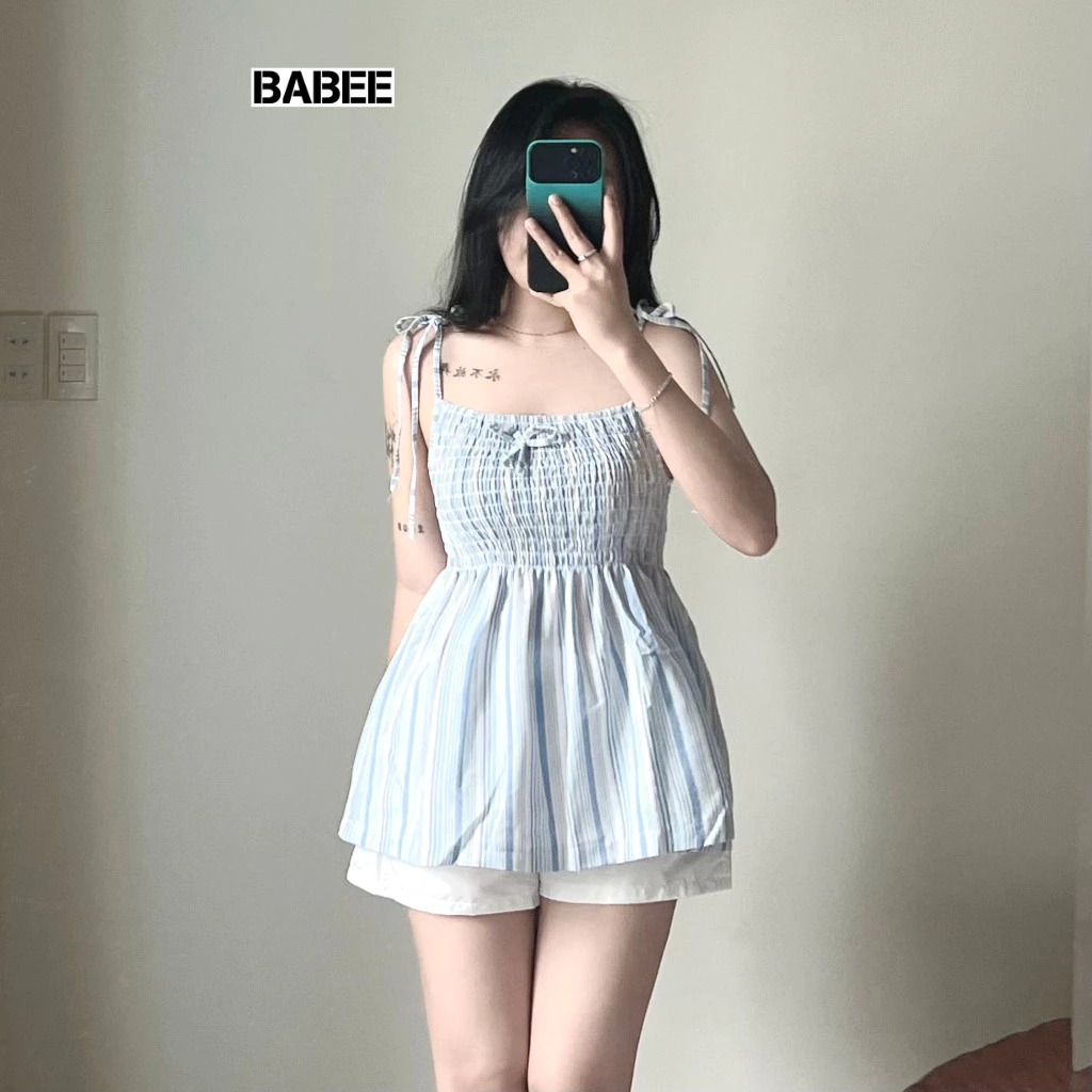 Áo Hai Dây Nữ BABEE Dáng Dài Nhún Ngực Tà Bèo Họa Tiết Sọc Thổ Cẩm Phối Nơ Điệu Đà Dễ Thương