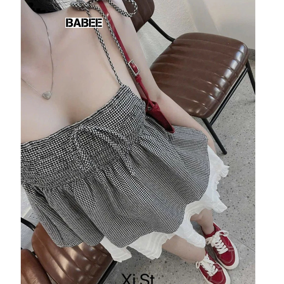 Áo Hai Dây Nữ BABEE Dáng Dài Nhún Ngực Tà Bèo Họa Tiết Sọc Thổ Cẩm Phối Nơ Điệu Đà Dễ Thương