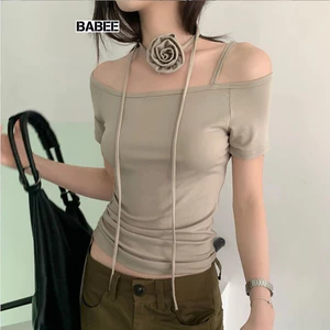 Áo Trễ Vai Nữ BABEE Tay Ngắn Phối Hoa Hồng Chất Thun Borip Co Giãn Phong Cách Tiểu Thư Thanh Lịch