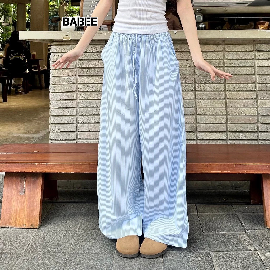 Quần Nữ BABEE Kẻ Sọc Dáng Dài Suông Cạp Cao Lưng Thun Dây Rút Phong Cách Hàn Quốc Dễ Mặc
