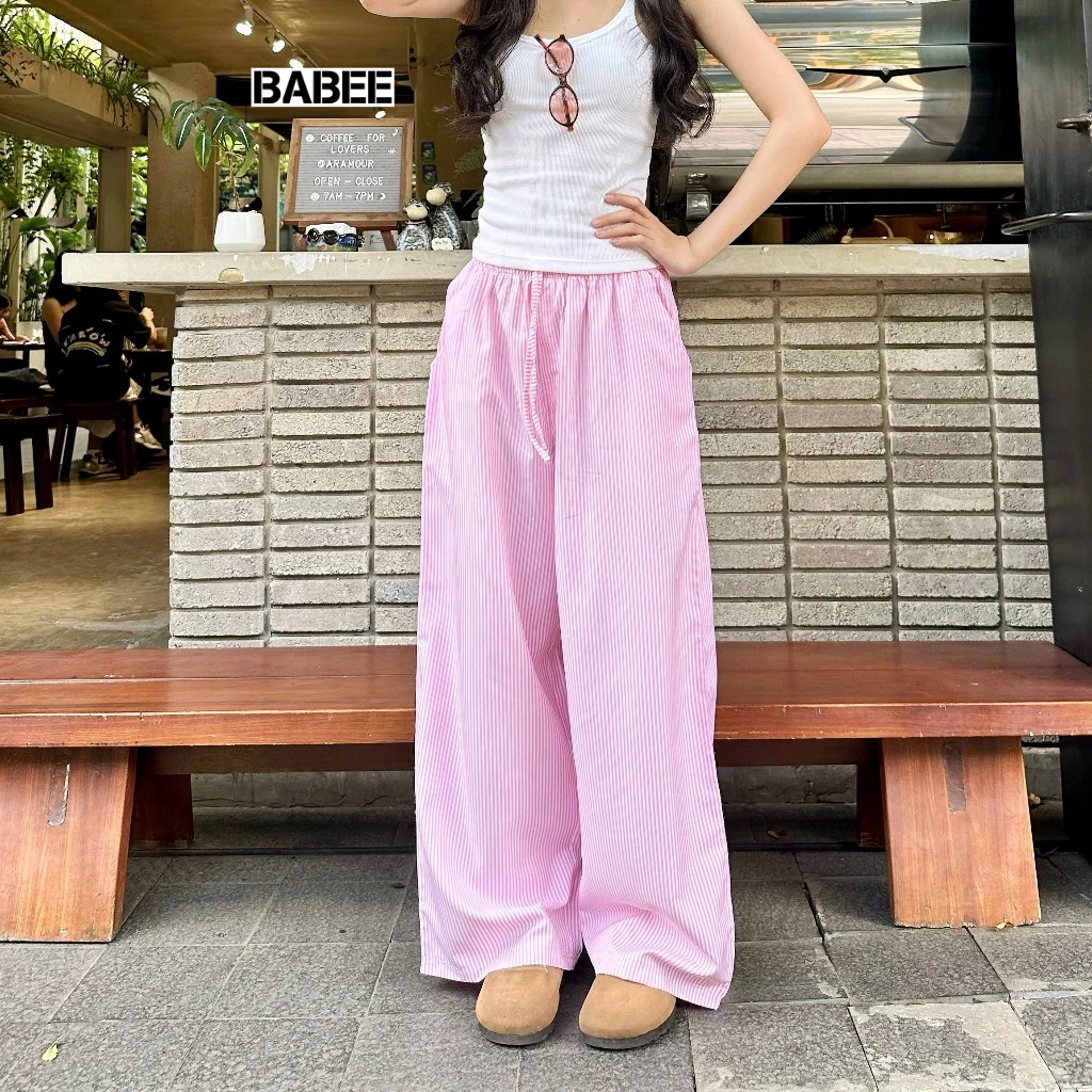 Quần Nữ BABEE Kẻ Sọc Dáng Dài Suông Cạp Cao Lưng Thun Dây Rút Phong Cách Hàn Quốc Dễ Mặc