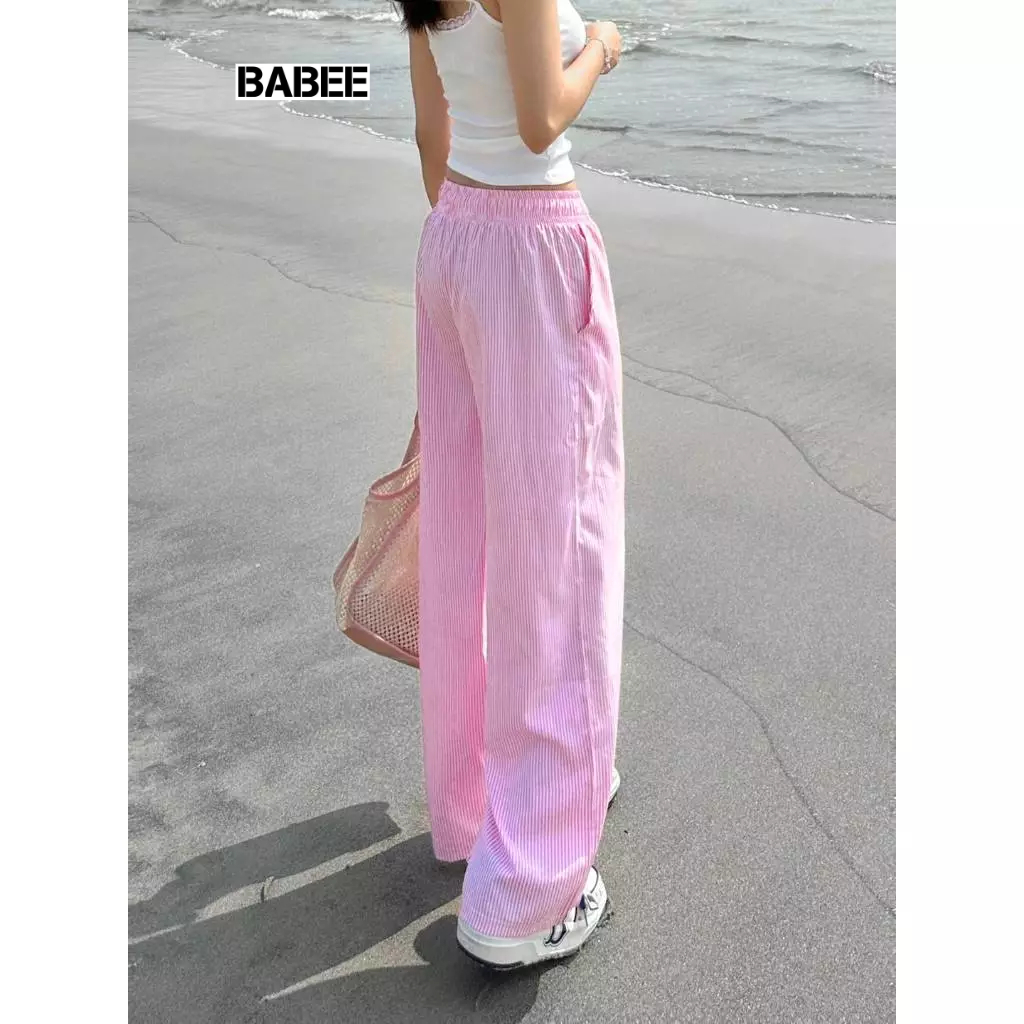 Quần Nữ BABEE Kẻ Sọc Dáng Dài Suông Cạp Cao Lưng Thun Dây Rút Phong Cách Hàn Quốc Dễ Mặc