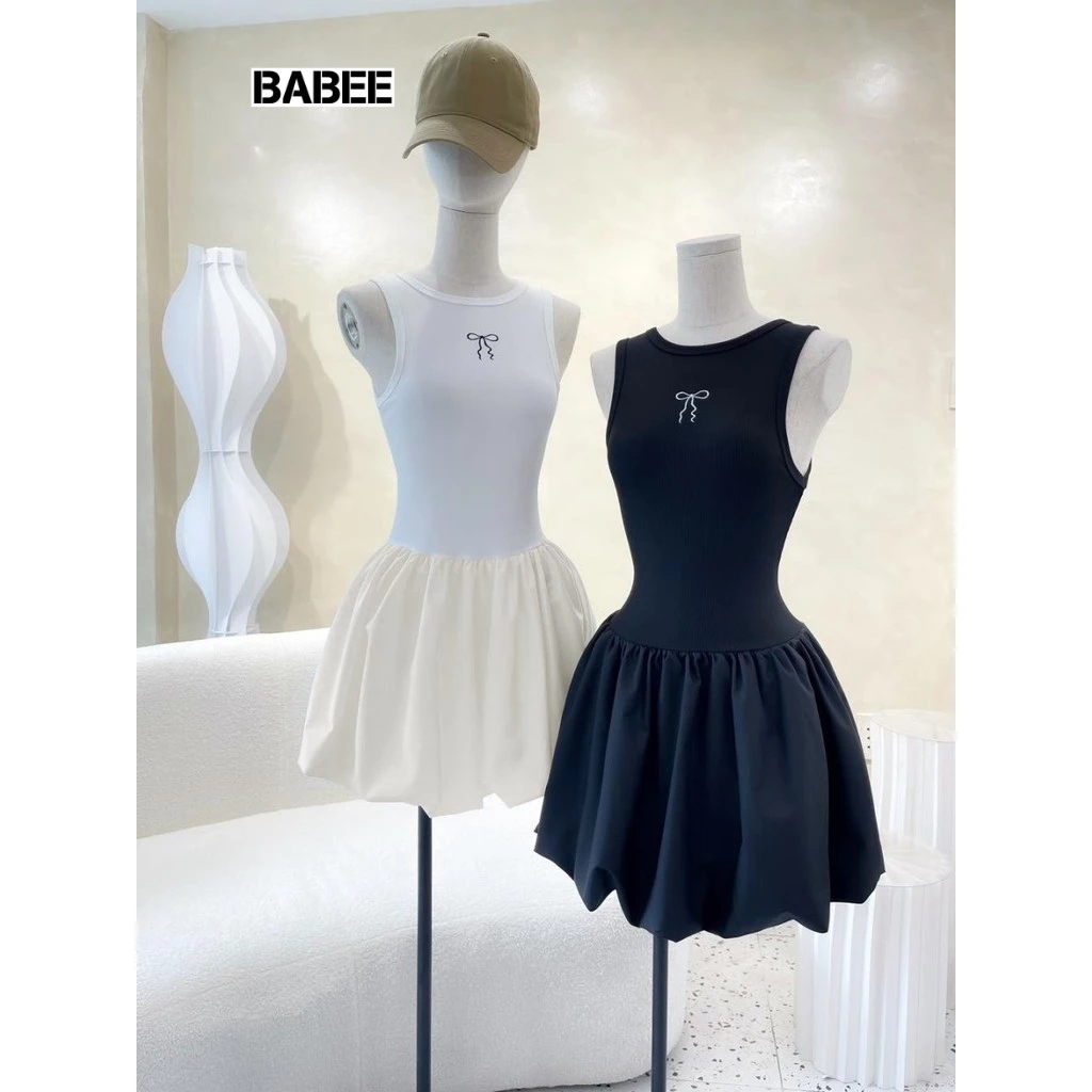 Đầm Váy Nữ BABEE Kiểu 2 Dây 3 Lỗ Sát Nách Thêu Nơ Phối Vạt Phồng Ôm Body Kiểu Cá Tính Năng Động