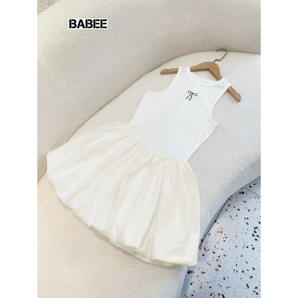 Đầm Váy Nữ BABEE Kiểu 2 Dây 3 Lỗ Sát Nách Thêu Nơ Phối Vạt Phồng Ôm Body Kiểu Cá Tính Năng Động