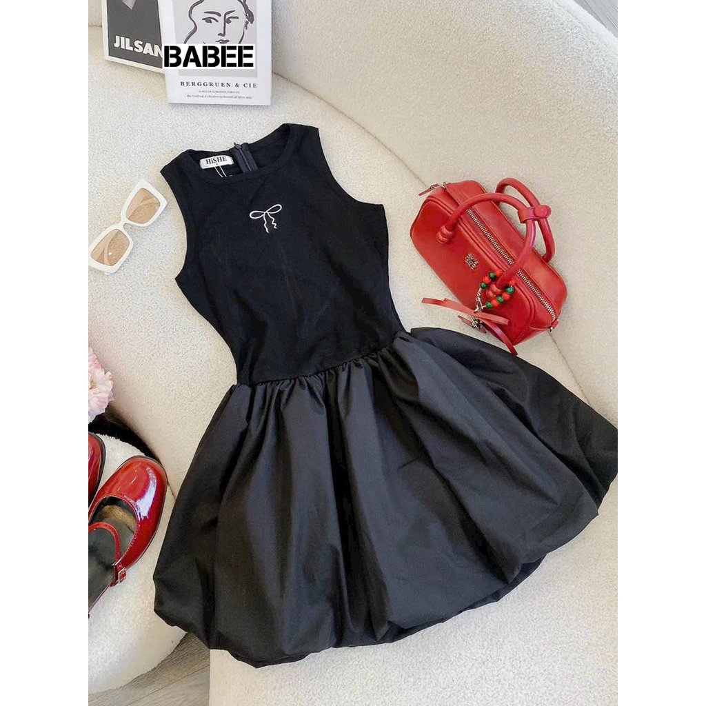 Đầm Váy Nữ BABEE Kiểu 2 Dây 3 Lỗ Sát Nách Thêu Nơ Phối Vạt Phồng Ôm Body Kiểu Cá Tính Năng Động