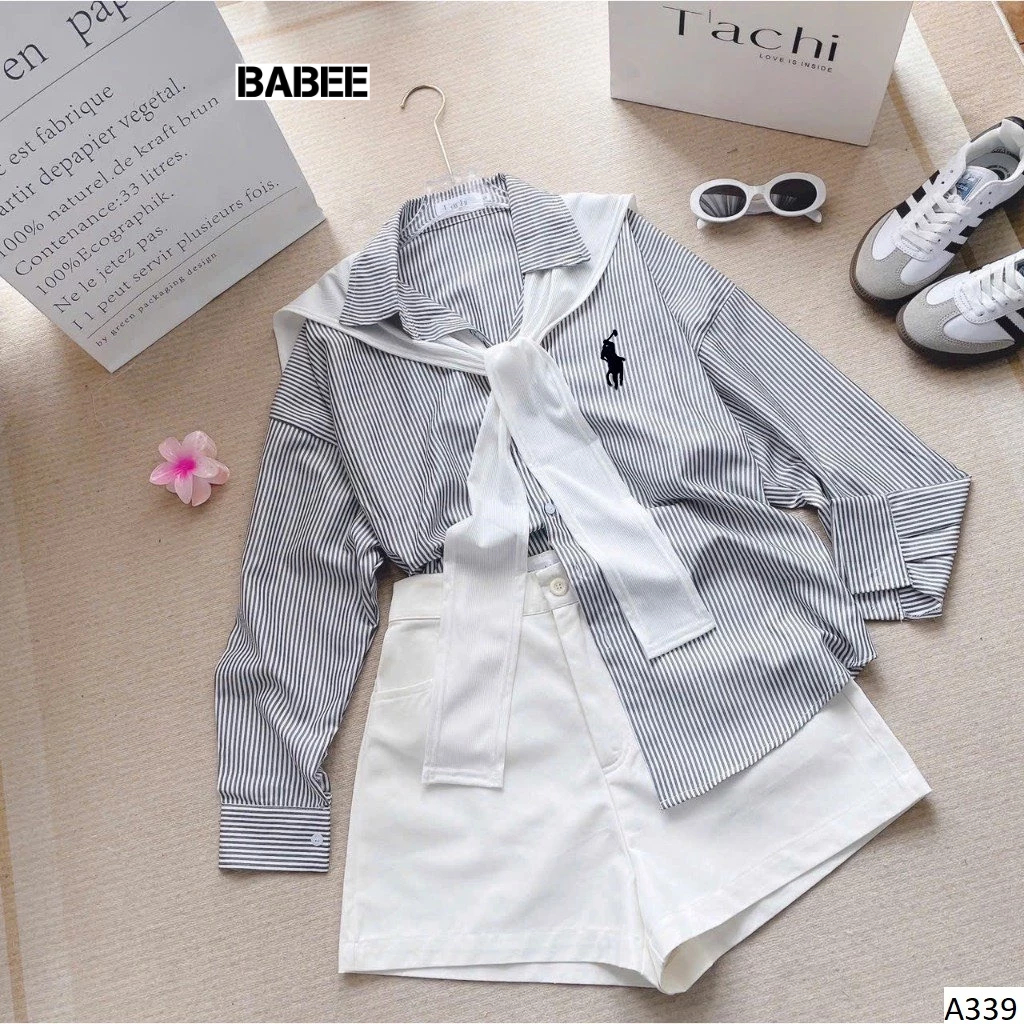 Sơ Mi Nữ BABEE Form Rộng Tay Dài Kẻ Sọc Thêu Ngựa Xinh Xắn Phong Cách Trẻ Trung Năng Động Cá Tính