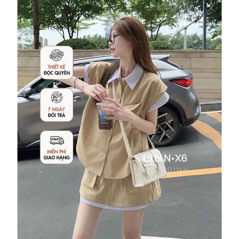 Set kaki sơ mi phối 2 màu kèm chân váy cạp chun