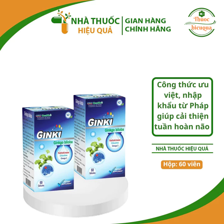 Hoạt huyết dưỡng não Ginki Pháp I Với Ginkgo biloba và Nattokinase hỗ trợ sau tai biến mạch máu nãoI Lọ 60v.thuochieuqua