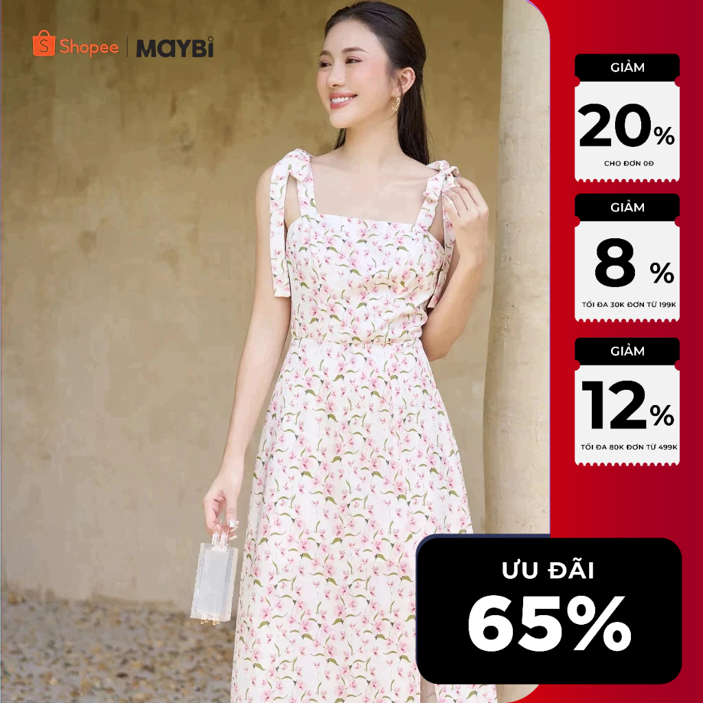 MAYBI Đầm midi suông lụa cotton in hoa xẻ tà