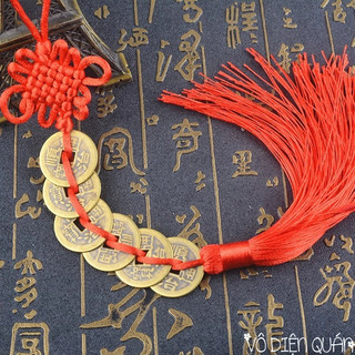 Dây xu ngũ đế, dây tua rua treo phong thủy - Đồng tâm kết xu may mắn tua rua phong cách cổ trang