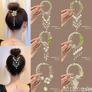 Kẹp Búi Tóc Phong Cách Cổ Trang - Kẹp Tóc Đuôi Ngựa Càng Cua Kim Loại Hoa Châu Hồ Điệp Cho Nữ Trang Điểm Cô Dâu