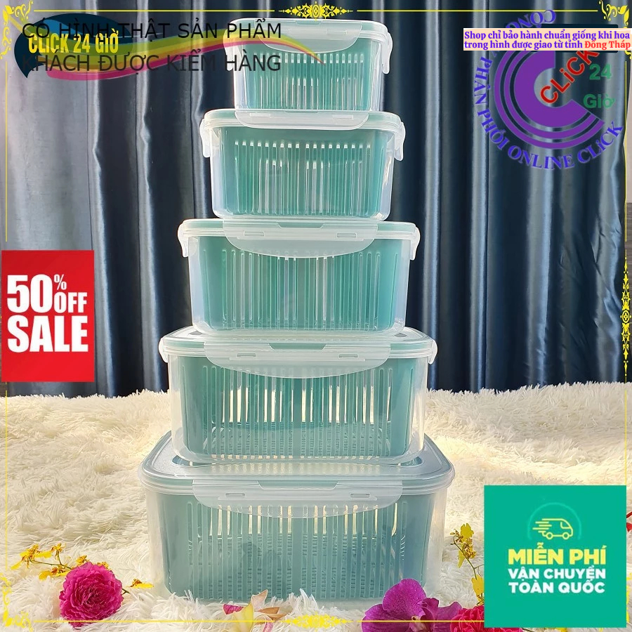 Hộp kèm rổ đựng thực phẩm, bảo quản rau củ quả tủ lạnh, Hộp đựng thực phẩm tủ lạnh cao cấp, 2 lớp chống úng, chất liệu t