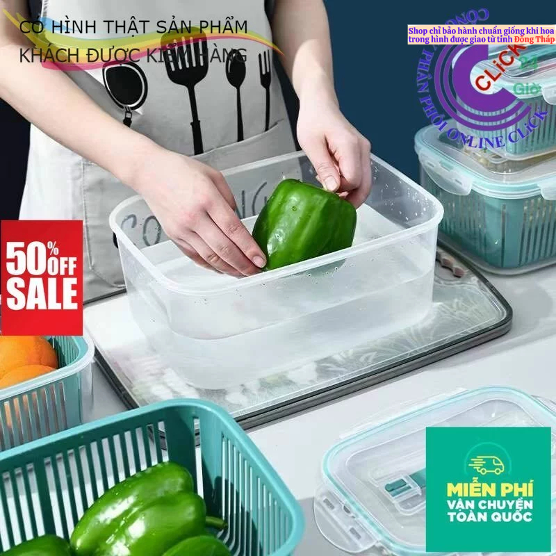 Hộp kèm rổ đựng thực phẩm, bảo quản rau củ quả tủ lạnh, Hộp đựng thực phẩm tủ lạnh cao cấp, 2 lớp chống úng, chất liệu t