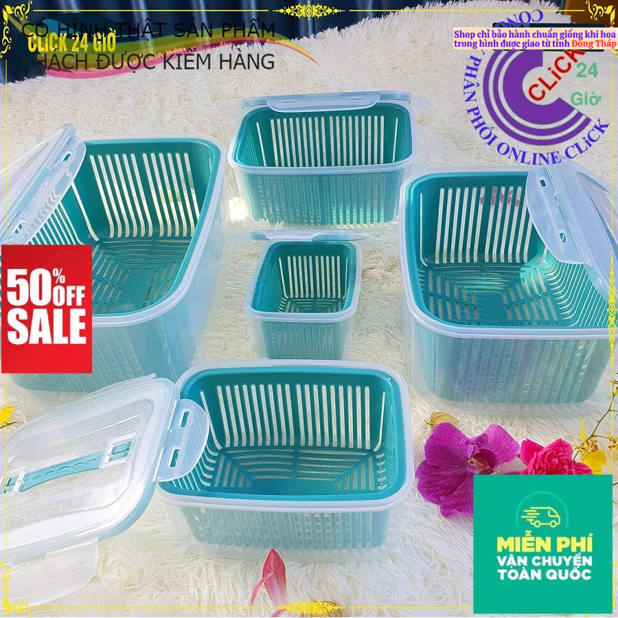 Hộp kèm rổ đựng thực phẩm, bảo quản rau củ quả tủ lạnh, Hộp đựng thực phẩm tủ lạnh cao cấp, 2 lớp chống úng, chất liệu t
