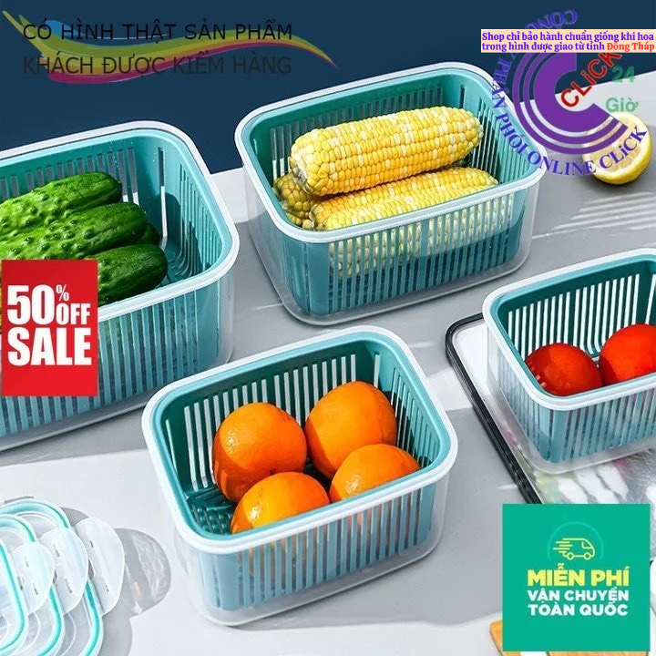 Hộp kèm rổ đựng thực phẩm, bảo quản rau củ quả tủ lạnh, Hộp đựng thực phẩm tủ lạnh cao cấp, 2 lớp chống úng, chất liệu t