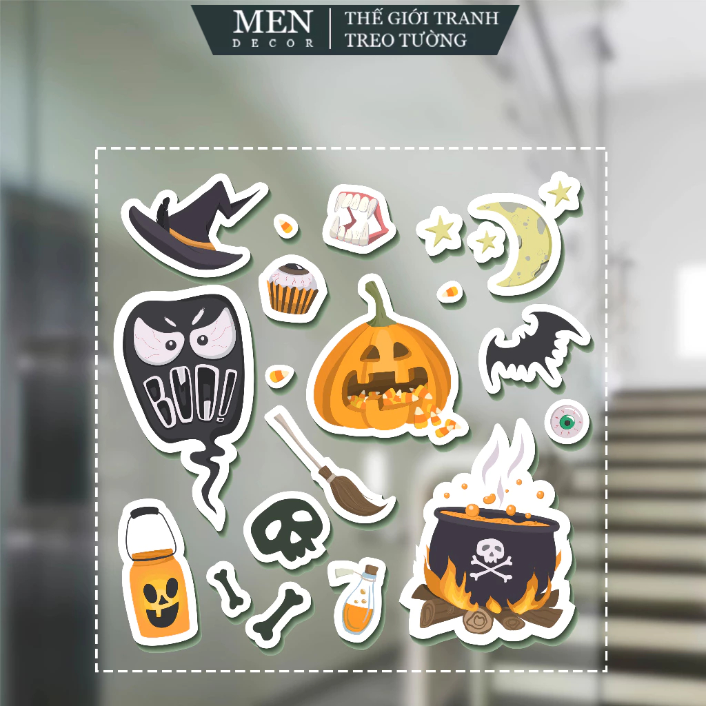 Decal Dán, Sticker Halloween Bí Ngô, Mũ Phù Thủy Trang Trí Cửa Hàng