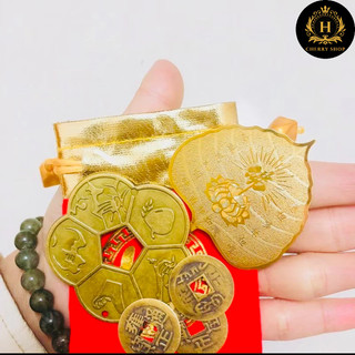 (Đã khaj quang)Combo 1 lá bồ đề + 1 đồng xu hoa mai + 3 đồng xu âm dương - may mắn, bình an, tài lộc