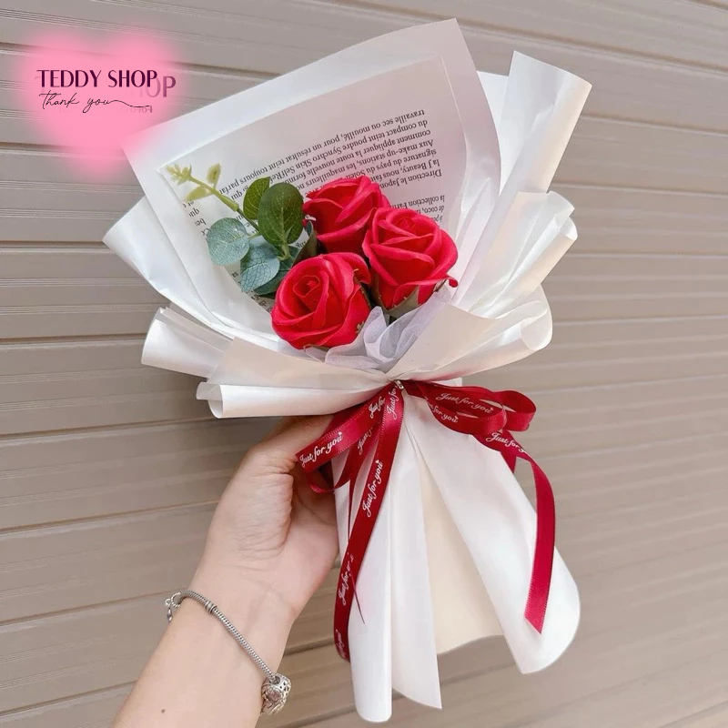 [ Quà Tặng ] Bó Hoa sáp 3 Bông GÓI GIẤY XỐP HÀN SANG TRỌNG