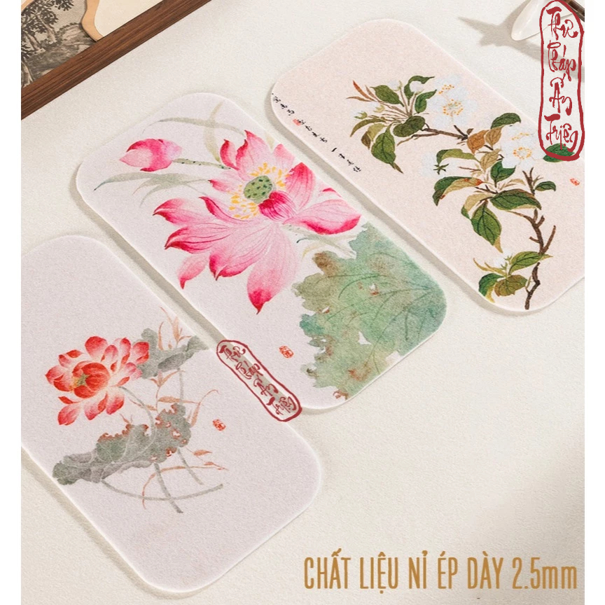 Thảm lót viết thư pháp mini in nền hoa lá 13.5x24.5cm - Thảm nỉ luyện viết chữ vẽ tranh thủy mặc