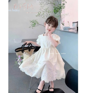 [B&G] Đầm trắng boi mềm mướt hoa thêu nổi tay bồng dáng xèo cho bé gái 2-11 tuổi (12-40kg)