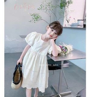 [B&G] Đầm trắng boi mềm mướt hoa thêu nổi tay bồng dáng xèo cho bé gái 2-11 tuổi (12-40kg)